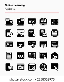 Customizable set of online learning icons for app and website interfaces, institutions, courses and tutorials, presentations, ads anad marketing, product catalogs, business, graphic design, etc