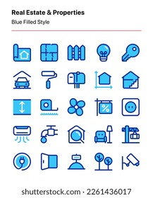 Customizable set of real estate and property icons covering the design, planning, interior, and fixtures. Perfect for agencies, businesses, apps, websites, catalogs, advertising, marketing, etc