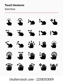 Customizable set of touch gesture icons covering gestures and movements for user interaction on device interfaces. Perfect for apps, websites, product design, device interface, interaction design, etc