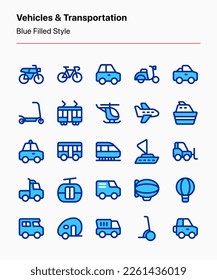 Customizable set of vehicles and transportation icons covering land, water, and aerial transportation modes. Perfect for apps, webs, stores, education, businesses, catalogs, product illustrations, etc