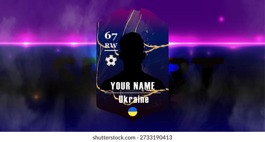 Anpassbare Kartenvorlage für Fußballspieler mit ukrainischer Flagge, Silhouette und goldenem abstraktem Design auf neonviolettem Hintergrund für Spieleschnittstelle.