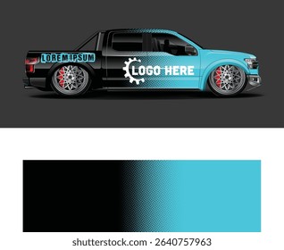 Customizable teal and black truck wrap design template with halftone pattern and gear logo. Perfect for branding and advertising.