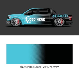 Customizable teal and black truck wrap design template with halftone pattern and space for logo placement.