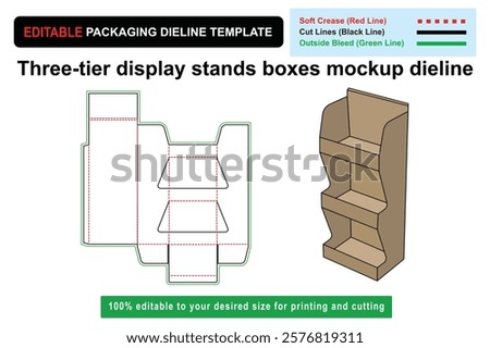 Customizable Three Tier Display Stands Boxes Mockup Dieline for Unique Product Presentation, display stand mockup, box mockup, dieline template, die cut template, Custom box dieline