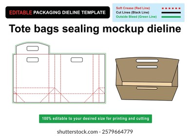 Customizable Tote Bag Dieline with Sealing Mockup, bag dieline, tote mockup, packaging design, custom tote bags, bag design template, custom dieline, die cut box