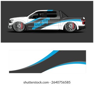 Customizable truck wrap design template with sleek, modern graphics and vibrant color scheme. Ideal for showcasing your brand or personal style.