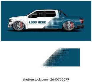 Customizable truck wrap design template featuring a teal and white halftone pattern, perfect for branding and advertising.
