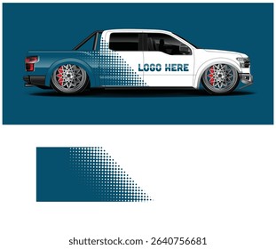 Customizable truck wrap design template featuring a teal and white color scheme with a halftone pattern.