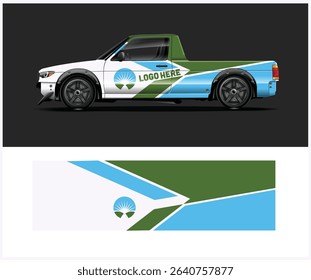 Customizable truck wrap design template with green, blue, and white color scheme. Perfect for branding and advertising.