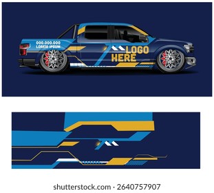 Customizable truck wrap design template with blue, yellow, and white geometric patterns. Perfect for branding and advertising.