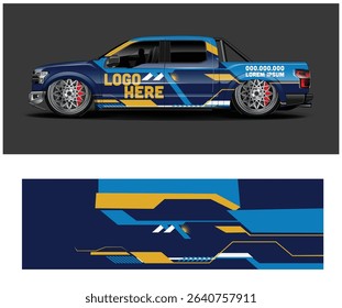 Customizable truck wrap design template with blue, gold, and white accents. Perfect for branding and advertising.