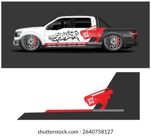 Customizable truck wrap design template featuring a sleek, modern style with red and black accents, perfect for showcasing sponsorships.