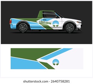 Customizable truck wrap design template with green, blue, and white color scheme. Ideal for branding and advertising.