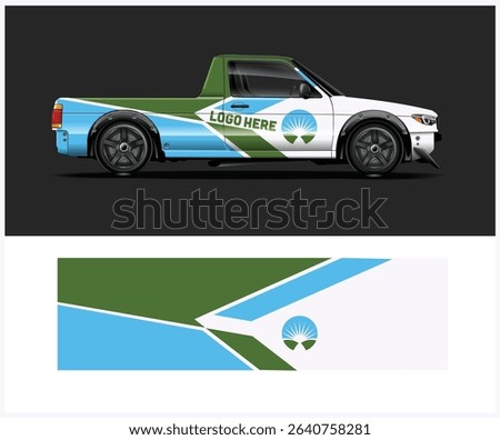 Customizable truck wrap design template with green, blue, and white color scheme. Ideal for branding and advertising.