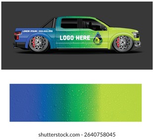 Customizable truck wrap design with a vibrant blue-to-green gradient and water droplet pattern. Perfect for showcasing your logo.