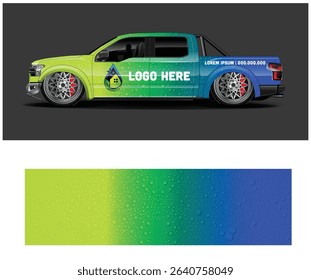 Customizable truck wrap design with a vibrant green to blue gradient and water droplet pattern. Perfect for showcasing your brand.