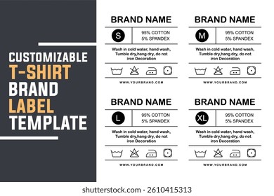 Customizable T-Shirt Label Templates. Cotton Garment Tags with Sizes and Care Instructions