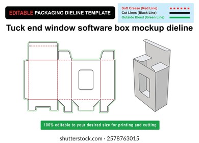 Customizable tuck end box dieline for software, window box, software mockup, dieline template, packaging design, Die line mockup, box mockup, product box