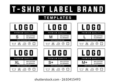 Customizable Unisex T-Shirt Label Brand Templates. Cotton Garment Tags with Sizes and Care Instructions