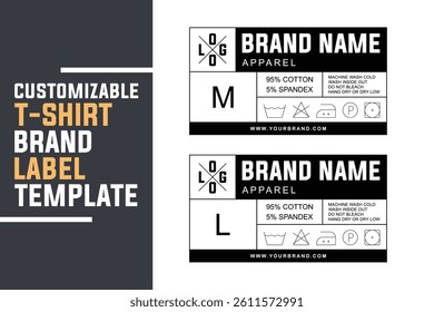 Customizable Unisex T-Shirt Label Design Template with Size, Fabric Content, and Wash Instructions
