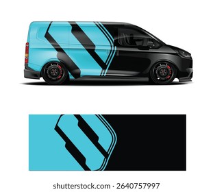 Customizable van wrap design with a sleek, modern teal and black abstract graphic. Perfect for businesses or personal use.
