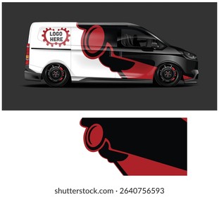 Customizable van wrap design template featuring a bold red and black graphic with space for logo placement.