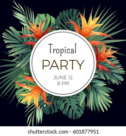 Customizable vector floral design template for summer party. Tropical flyer with green exotic plants and flowers.