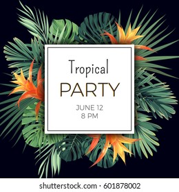 Customizable vector floral design template for summer party. Tropical flyer with green exotic palm leaves and orange flowers.