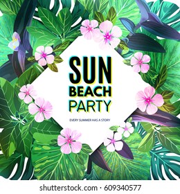 Customizable vector floral design template for summer party. Tropical flyer with pink and purple exotic flowers and green palm leaves.