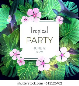Customizable vector floral design template for summer party. Tropical flyer with pink and purple exotic flowers and green palm leaves.