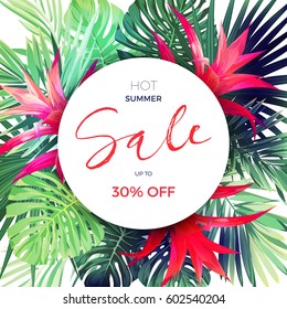 Customizable vector floral design templates for summer sale. Tropical lfyer with exotic plants and red guzmania flowers.