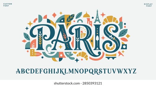 Customizable vector typography featuring Paris with Eiffel Tower, croissant, and beret icons, paired with full alphabet for travel-themed branding and marketing materials