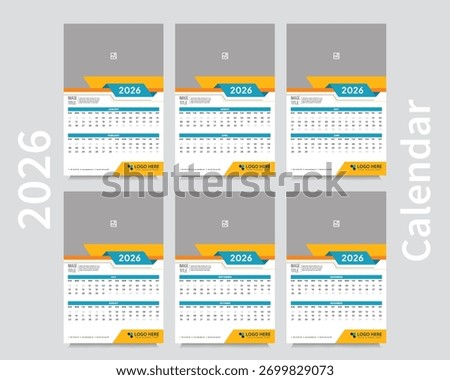Customizable wall calendar 2026 template, corporate desk calendar schedule 2026 monthly 6-page planner layout, editable vector eps 10 file format