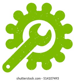 Customization Gear rubber seal stamp watermark. Icon vector symbol with grunge design and unclean texture. Scratched eco green ink emblem on a white background.