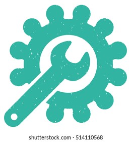 Customization Gear rubber seal stamp watermark. Icon vector symbol with grunge design and dirty texture. Scratched cyan ink emblem on a white background.