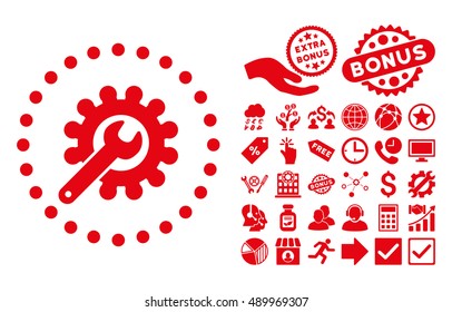 Customization icon with bonus pictures. Vector illustration style is flat iconic symbols, red color, white background.