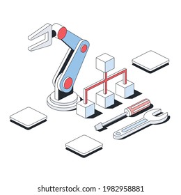 Customization options, engineering, robot control. Vector 3d line isometric, color web icons, new flat style. Creative design idea for infographics.