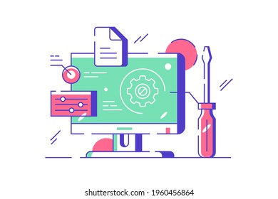 Customization and setting design online vector illustration. Touch screen device setting flat style. System update, setting operating system, cloud storage concept. Isolated on white background