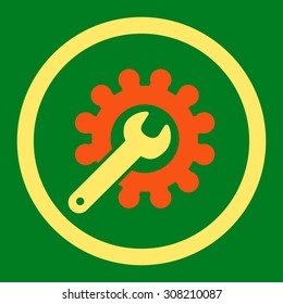 Customization vector icon. This rounded flat symbol is drawn with orange and yellow colors on a green background.