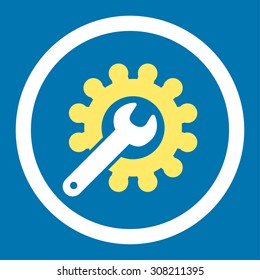Customization vector icon. This rounded flat symbol is drawn with yellow and white colors on a blue background.