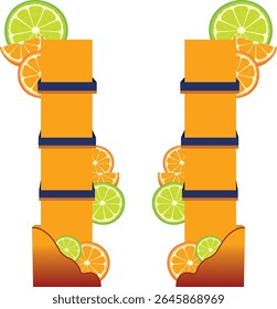 Customize 3D Gondola end for supermarket product display shelf and display for Juice and Refreshments. 3d Illustration podium.