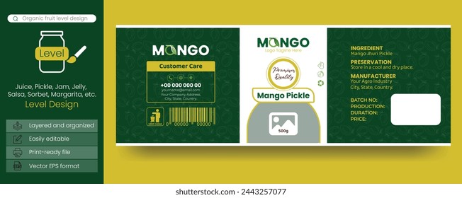 Customize mango pickle packaging labels for bottles, jars, or boxes, complementing organic food items. Utilize a deep green color with a seamless mango pattern for an enhanced design.