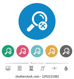 Customize search flat white icons on round color backgrounds. 6 bonus icons included.