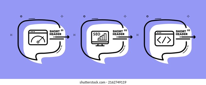 Customize website set icon. Browser, internet speed, ad, settings, computer, angle brackets. Online concept. Infographic timeline with icons and 3 steps. Vector line icon for Business and Advertising.