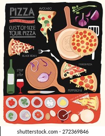 Customize your pizza, illustration set, menu design elements.