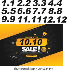 Customize-able Date 10.10 Sale Banner. Promo Offer Discount half Price for october 10th. Vector Advertising banner for online shop with Click To Action or CTA button. 