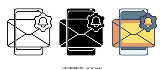 Ícone de alertas personalizados representado por telefone, correio, sino, engrenagem Linha, Preenchido, Cor estilo.