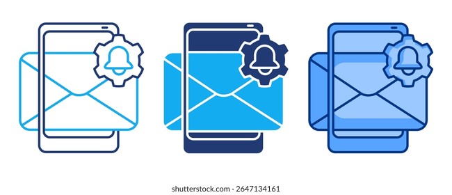Ícone de alertas personalizados representado por telefone, correio, sino, engrenagem azul, Dualline, estilo Dualtone.