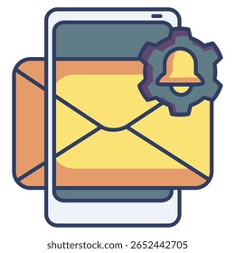 Ícone de alertas personalizados representado por telefone, correio, sino, estilo de cor linear da engrenagem.