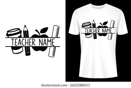 A customized back to school t-shirt graphic design showcasing an apple, ruler, pencil, and coffee mug with space for personalized teacher name.